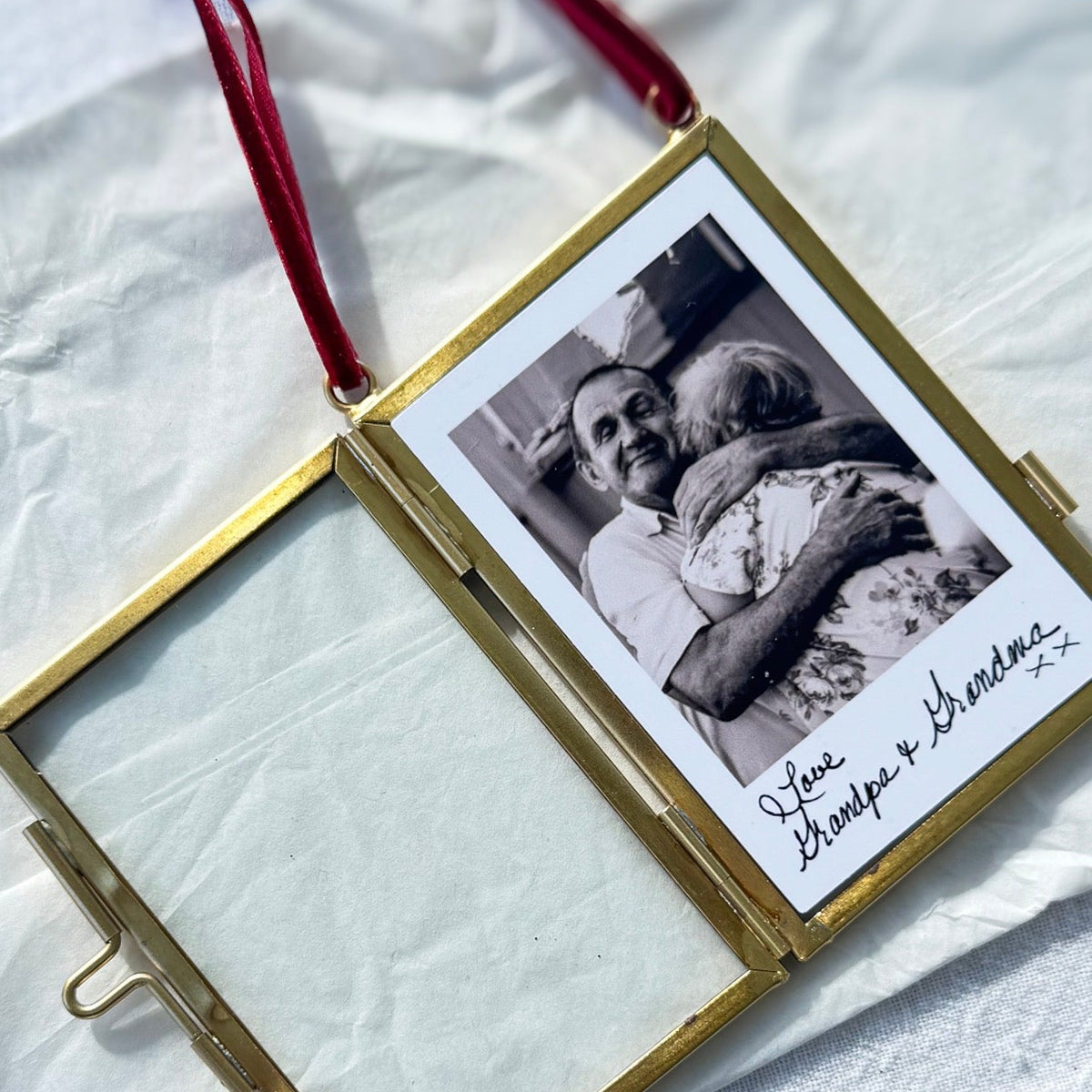 Personalised Photo Christmas Bauble | Custom Handwriting & Brass Floating Frame Ornament
