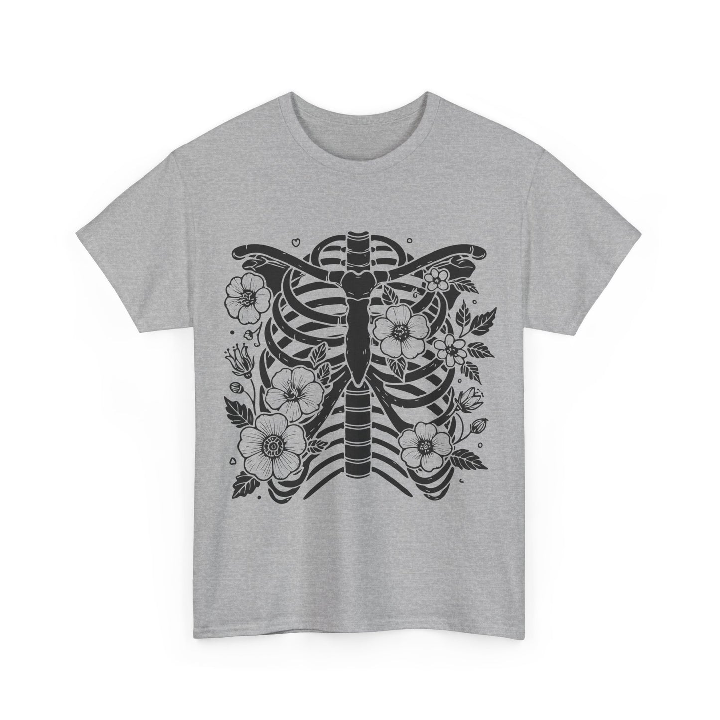 Floral Ribcage Skeleton Tee — Gothic Botanical Graphic T-Shirt