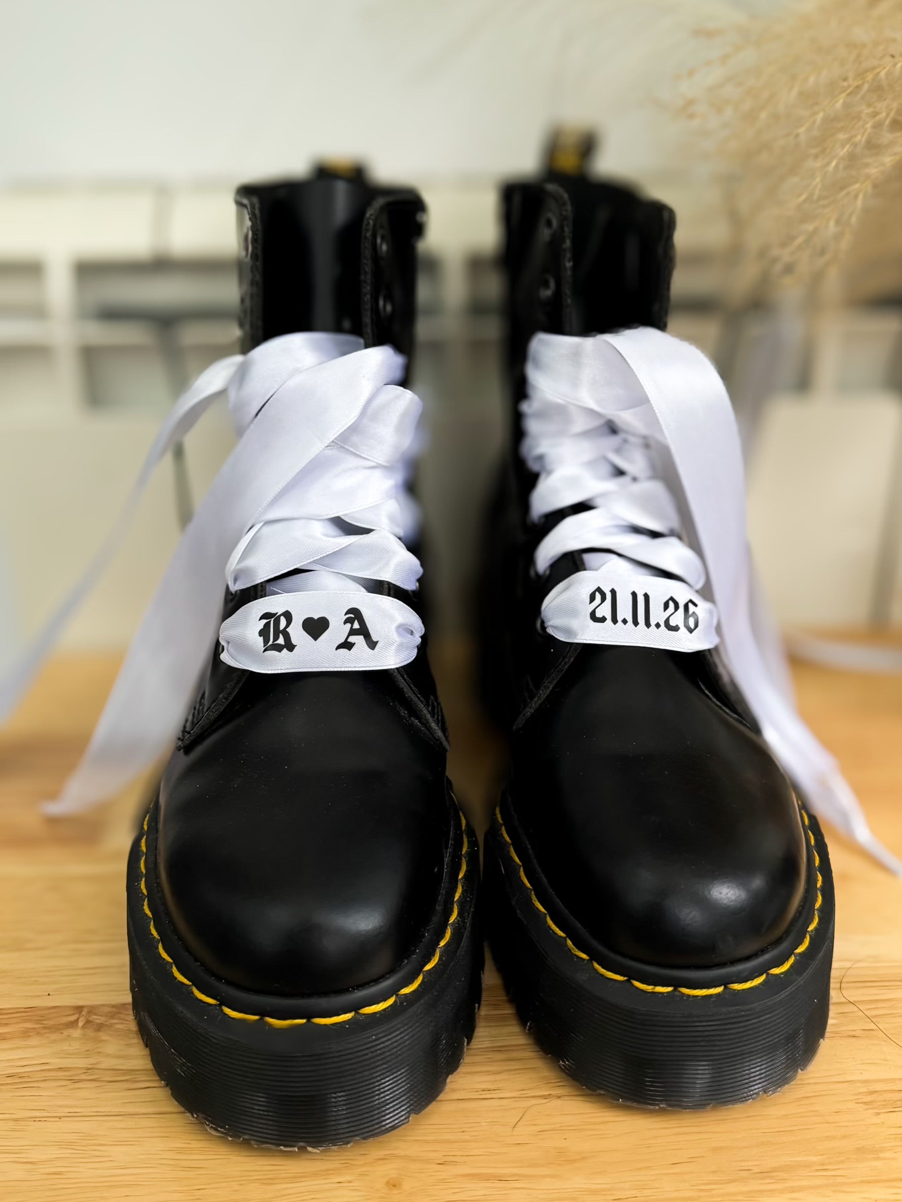 White satin bridal shoelaces personalised with initials and wedding date