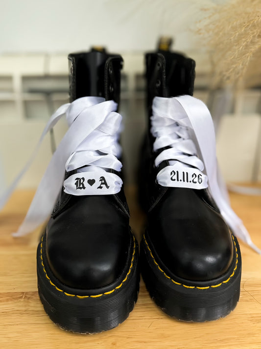 White satin bridal shoelaces personalised with initials and wedding date