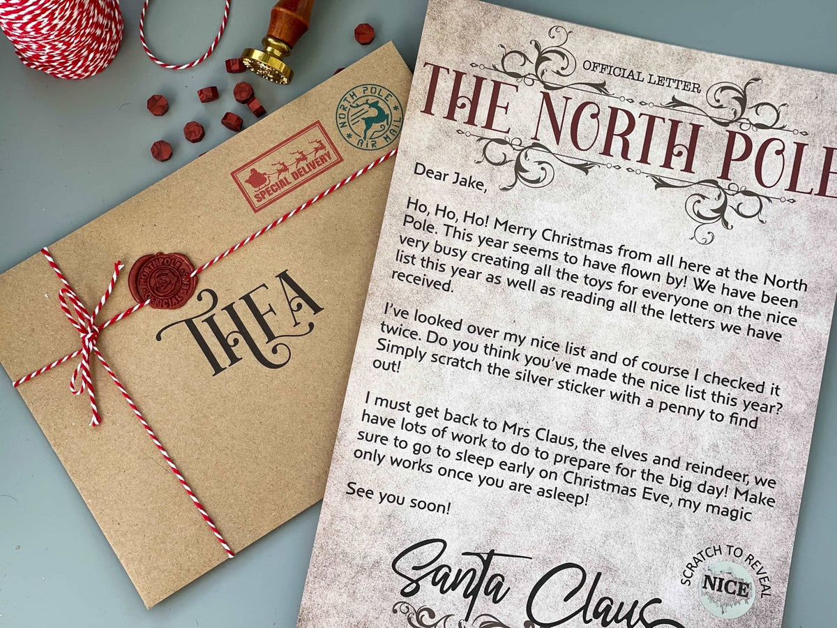 Personalised letter from Santa on North Pole paper with a wax-sealed kraft envelope addressed to Thea