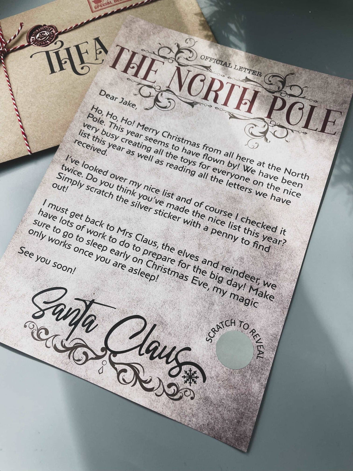Vintage-style North Pole letter from Santa with a scratch-to-reveal panel