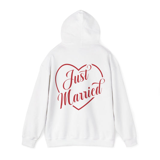 Just Married Hoodie — Romantic Bridal Sweatshirt with Heart Script