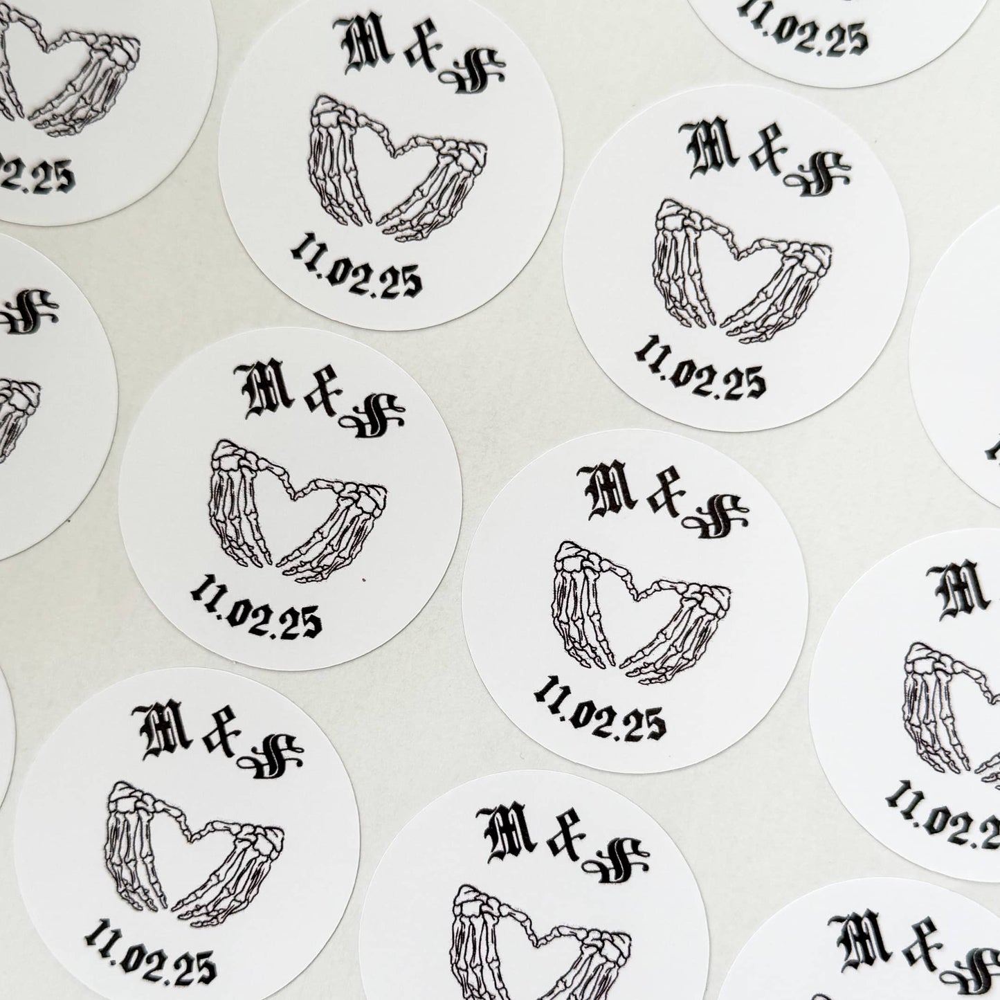 Custom Gothic Wedding Stickers – Skeleton Heart Hands | Personalised Initials & Date