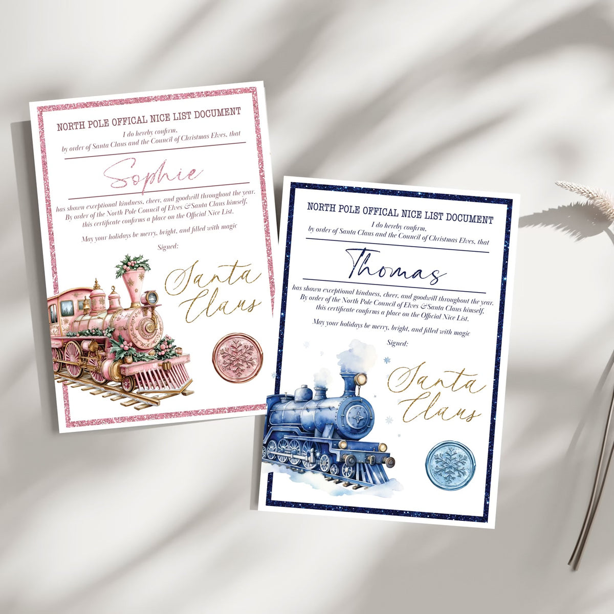 Two 'North Pole Official Nice List Document' certificates with train designs on a white background.