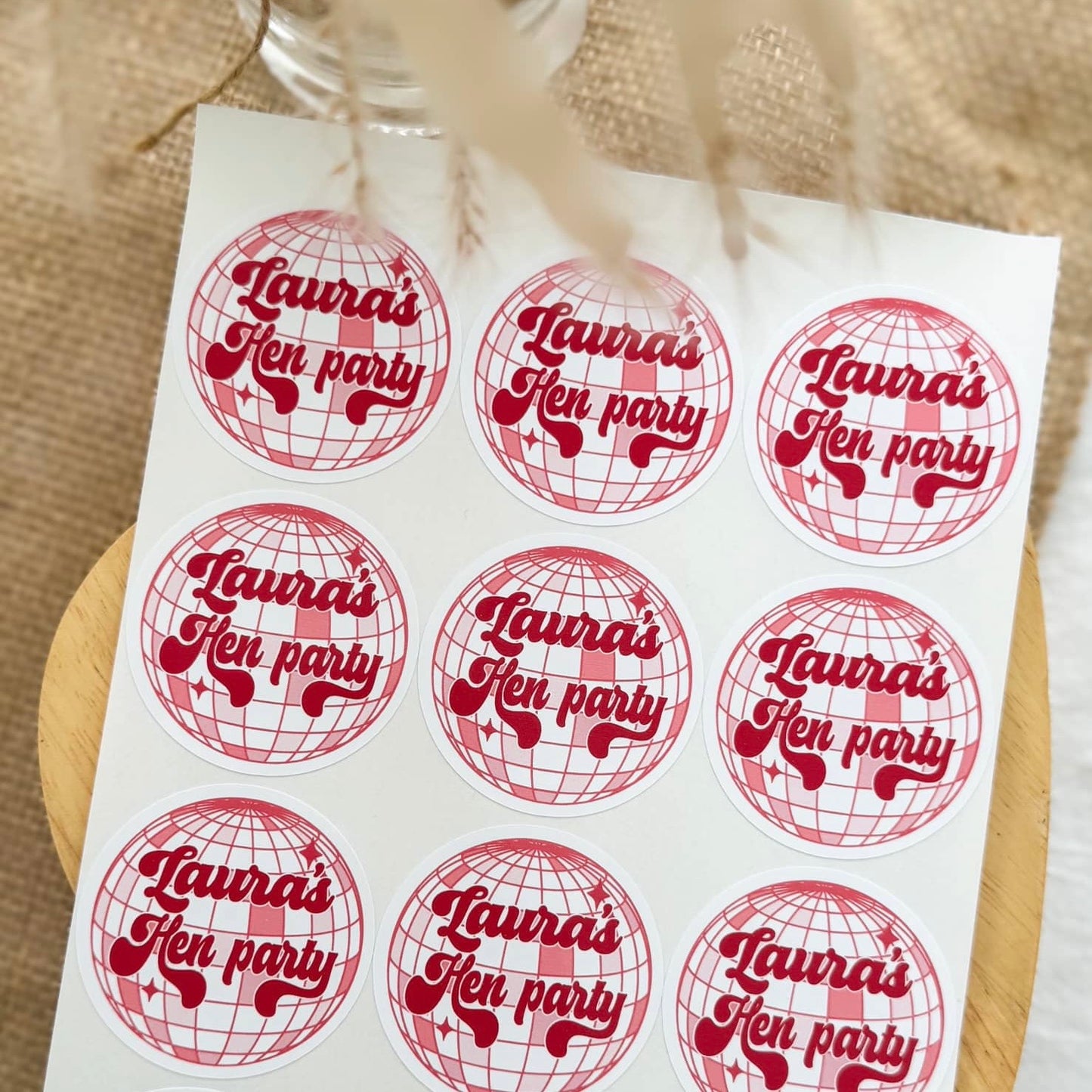 Personalised Hen Party Pink Disco Ball Stickers – Custom Party Favours