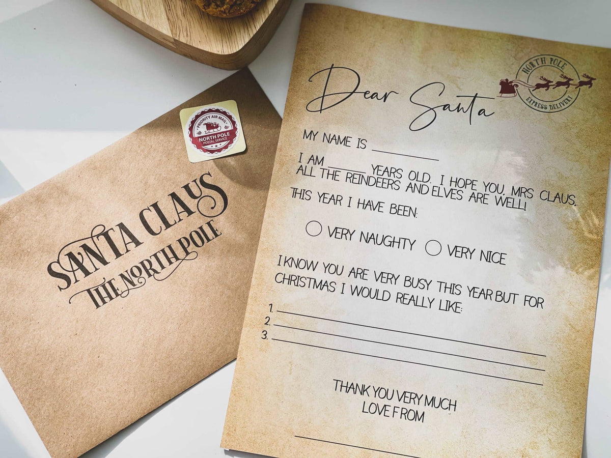 Letter to Santa kit with a Dear Santa writing sheet and kraft envelope