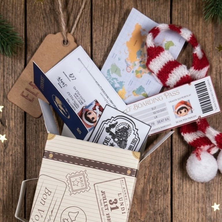 Mini Elf Travel Set – Suitcase with Map, Train Ticket, Boarding Pass & Passport