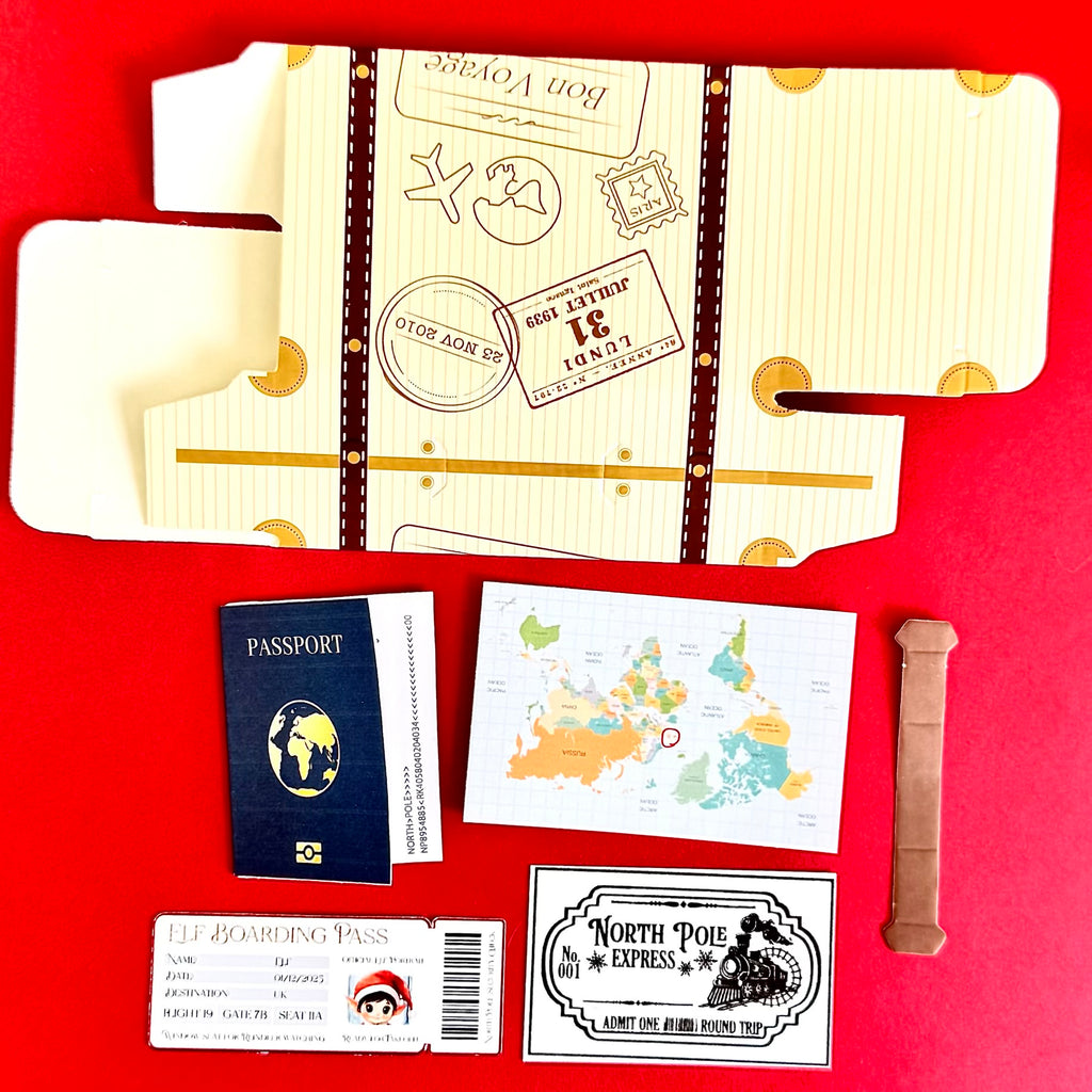 Elf travel-themed set with mini passport, boarding pass, and stationery on red background