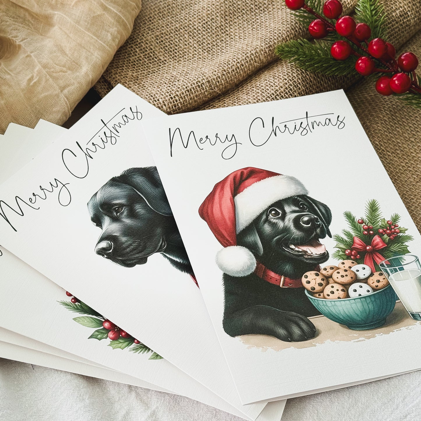 Pack of 5 Christmas Cards with Black Labrador Retrievers - Fun Facts & Kraft Envelopes Included