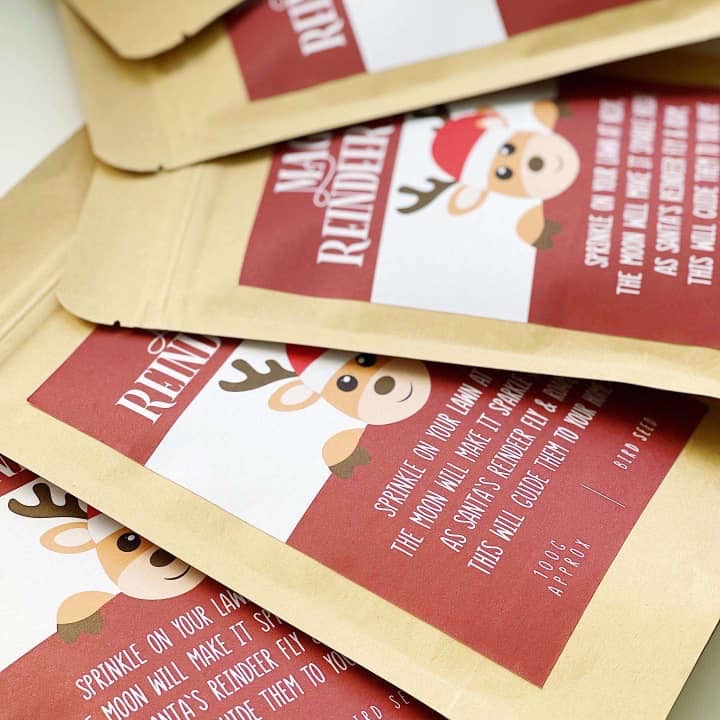 Several Magic Reindeer Food pouches laid flat