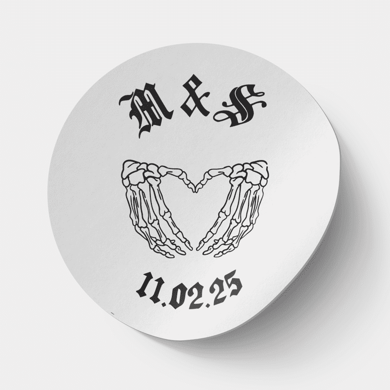 Custom Gothic Wedding Stickers – Skeleton Heart Hands | Personalised Initials & Date