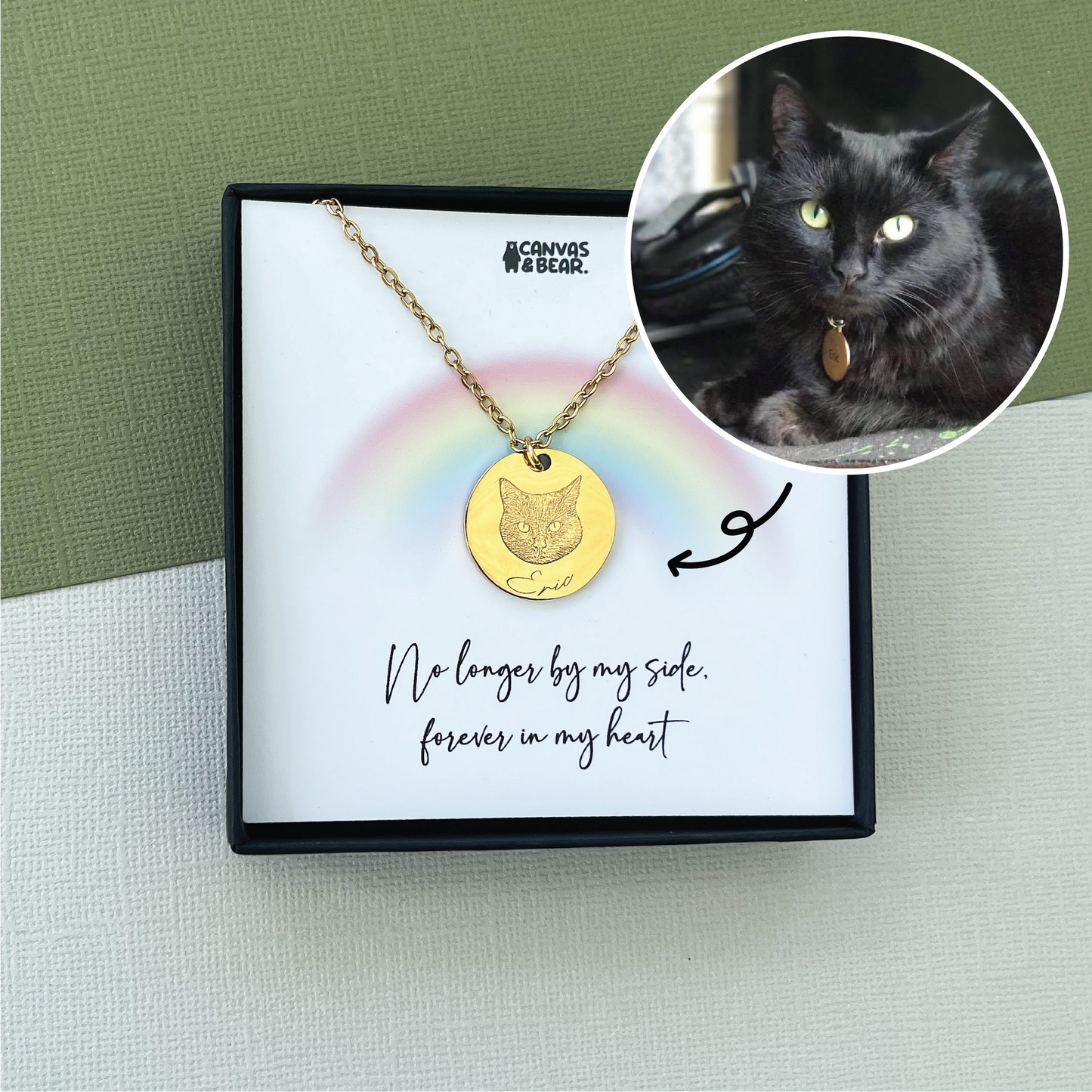 A personalised pet portrait necklace in a black gift box with a gift note reading "No longer by my side, forever in my heart." with a light rainbow design above the text. 