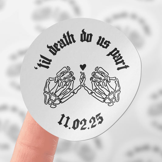 Custom Alternative Wedding Stickers – ‘Til Death Do Us Party | Alternative Hen Party Décor