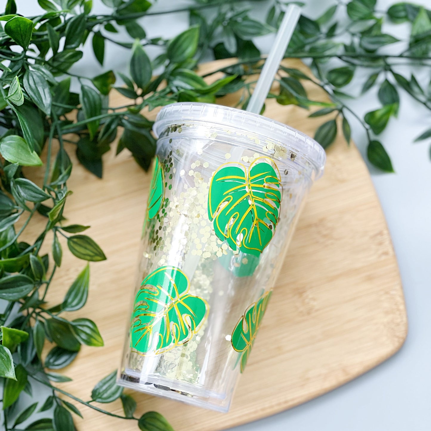 Monstera Gold Glitter Cold Cup