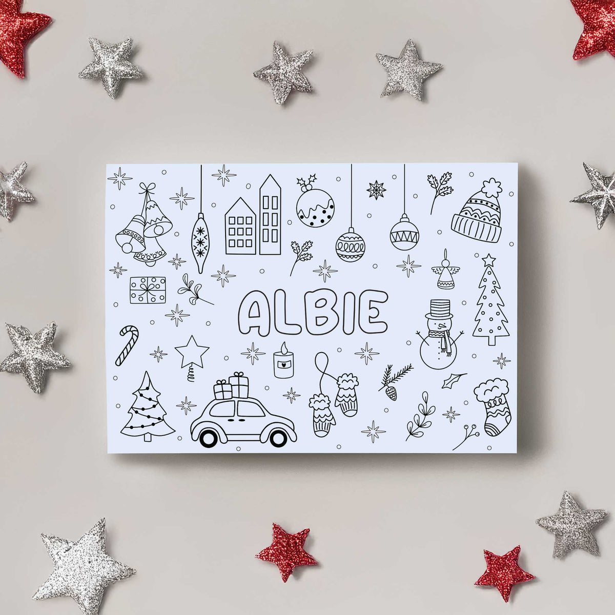 Personalised Christmas colouring placemat with the name Albie and festive doodles