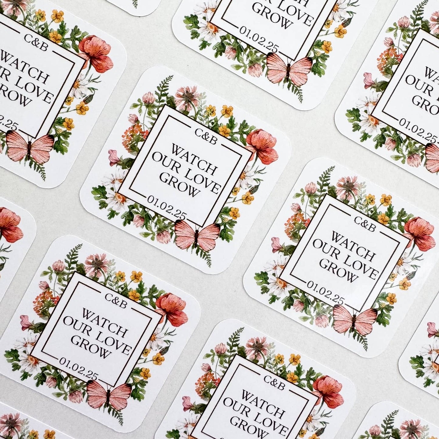 Wedding Seed Favour Labels – Personalised "Watch Our Love Grow" Stickers