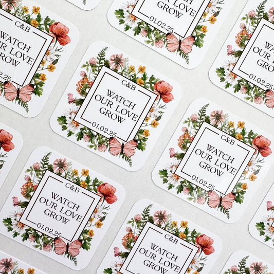 Wedding Seed Favour Labels – Personalised "Watch Our Love Grow" Stickers