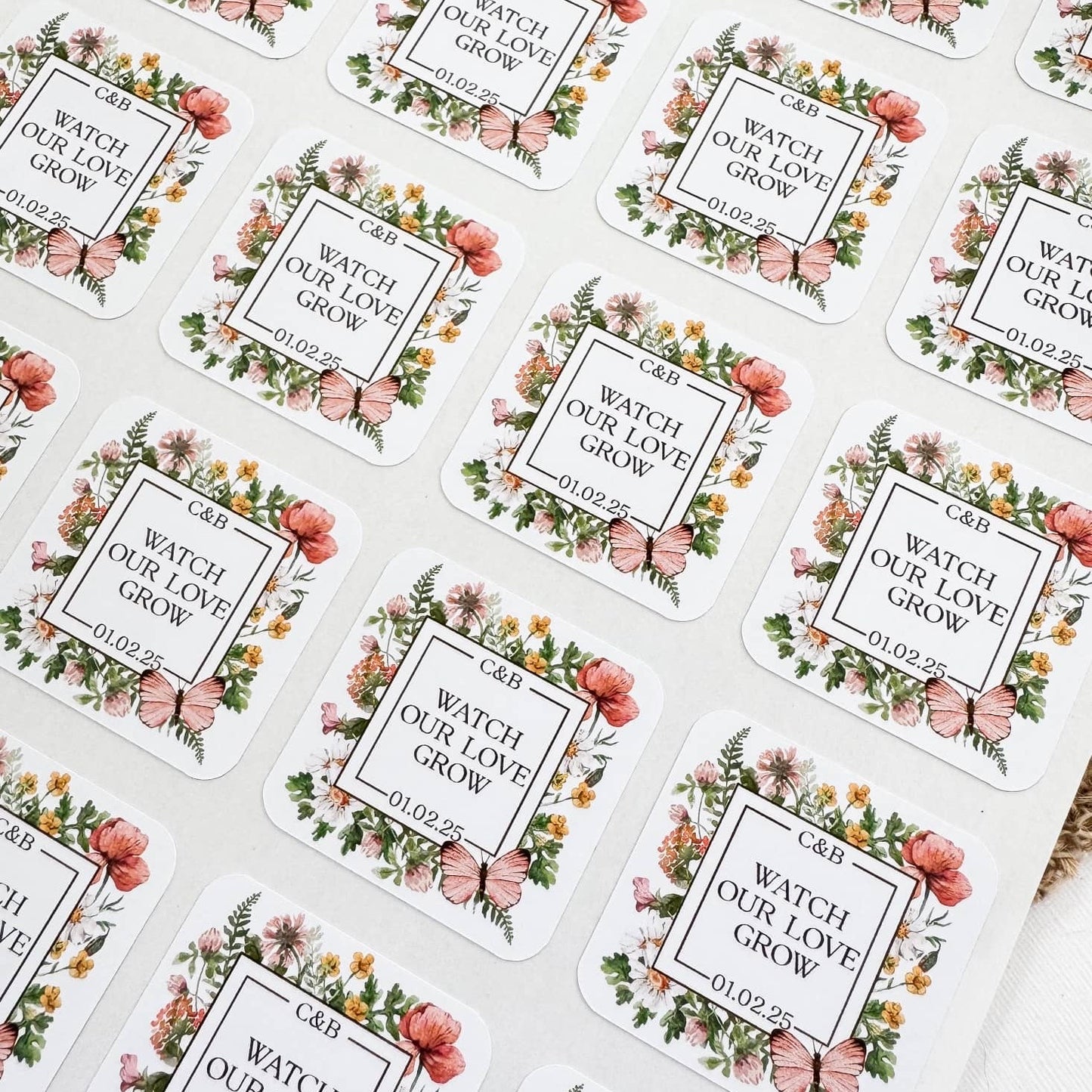 Wedding Seed Favour Labels – Personalised "Watch Our Love Grow" Stickers