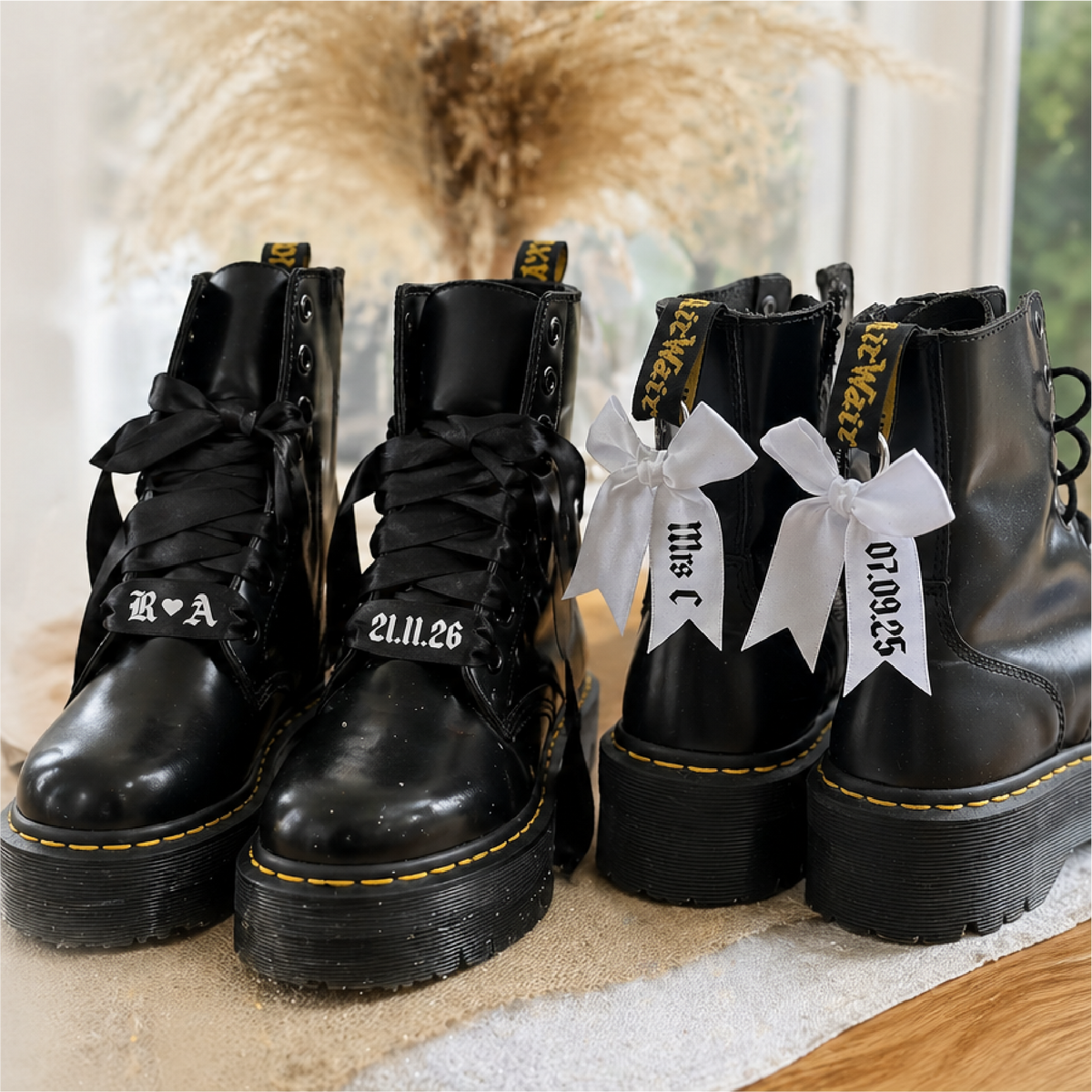 Personalised wedding boots with bow boot charms