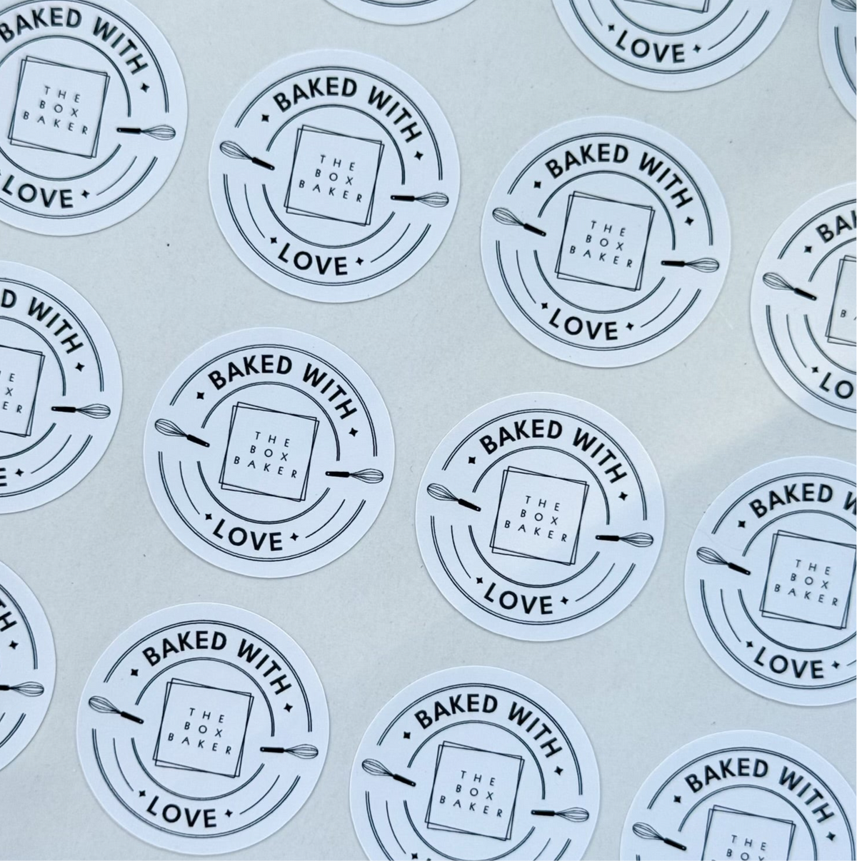 Round Baked with Love Stickers for Bakers with Logo in the middle