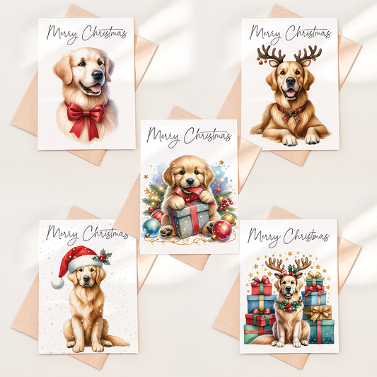 Pack of 5 Christmas Cards with Golden Retrievers - Fun Facts & Kraft Envelopes Included