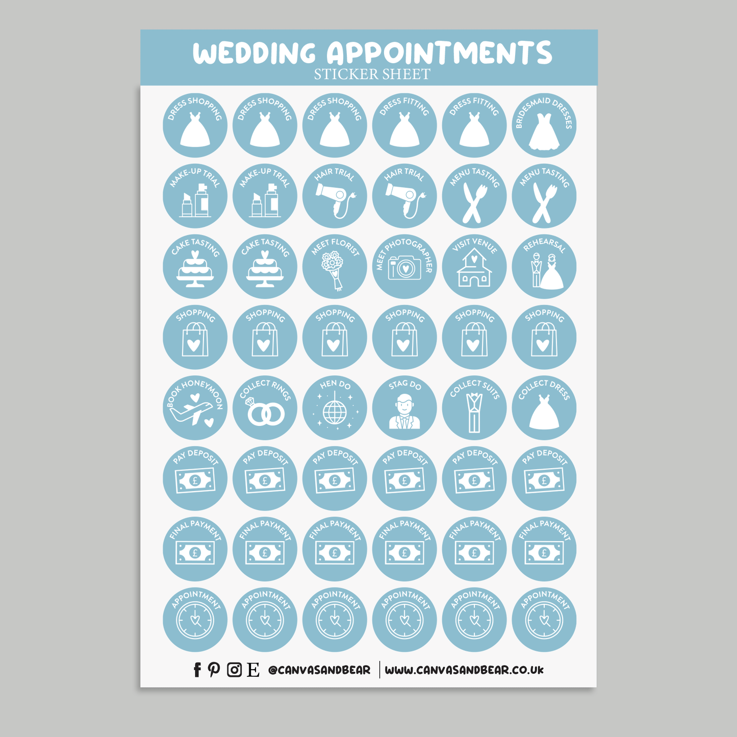 Round appointment stickers in blue. Planner Stickers with different wedding appointments such as "Hen Do" &  "Hair Trial"