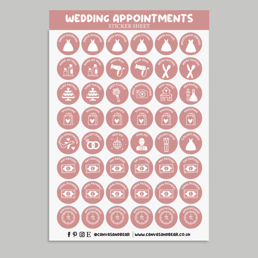 Round appointment stickers in pink. Planner Stickers with different wedding appointments such as "Hen Do" &  "Hair Trial"