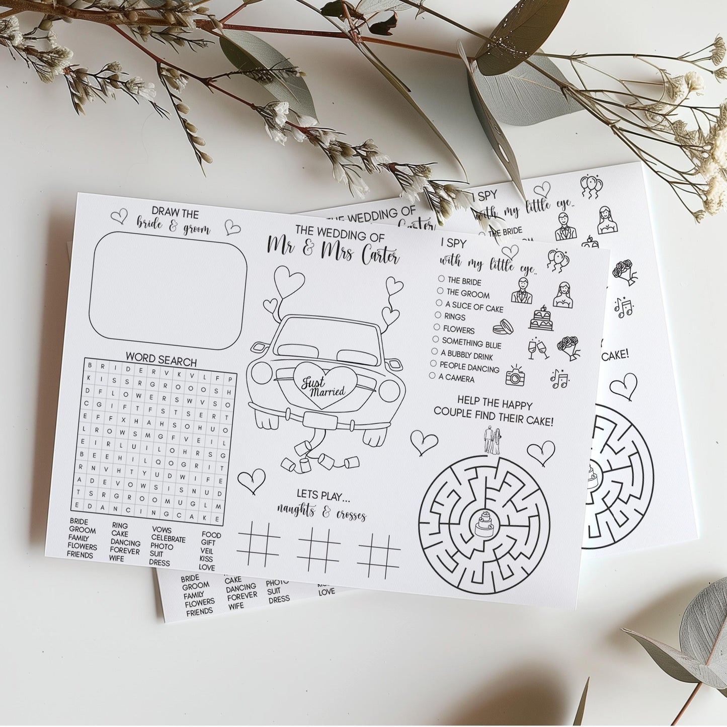 Personalised A4 Wedding Activity Sheet for Children - Games & Colouring