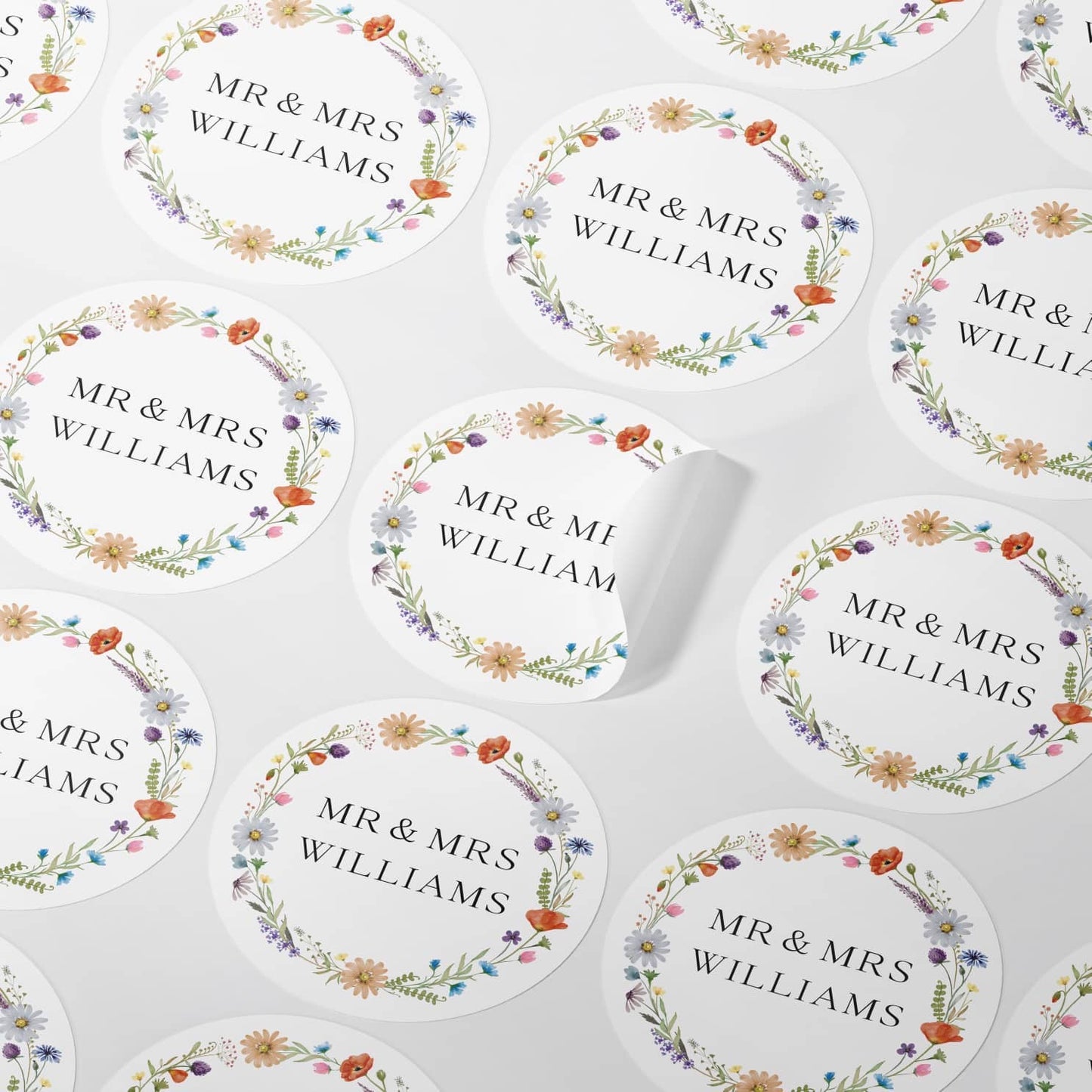 Personalised Mr & Mrs Wedding Wildflower Floral Wreath Stickers