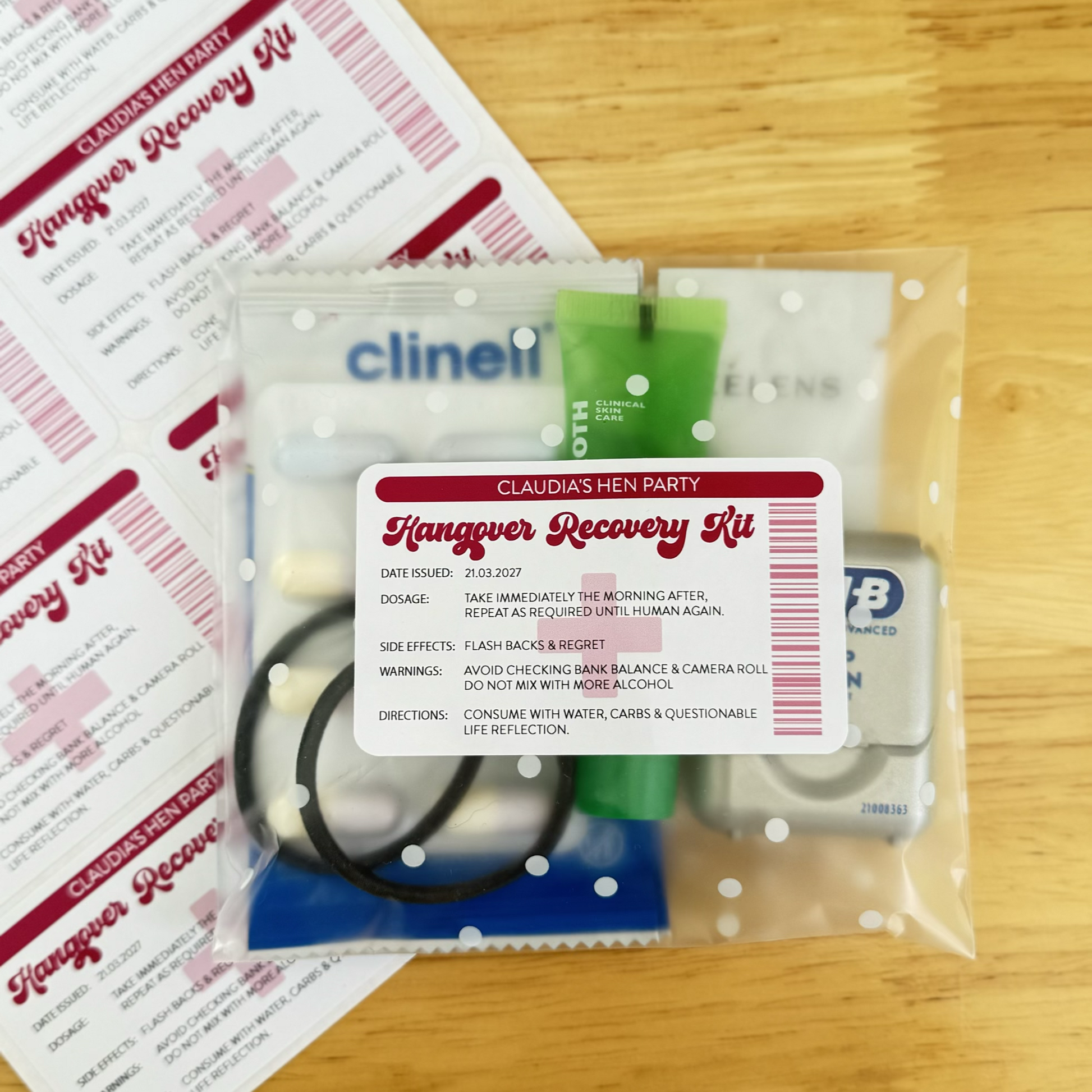 Personalised hen party hangover recovery kit sticker sheet in dark red and pink pharmacy label design
