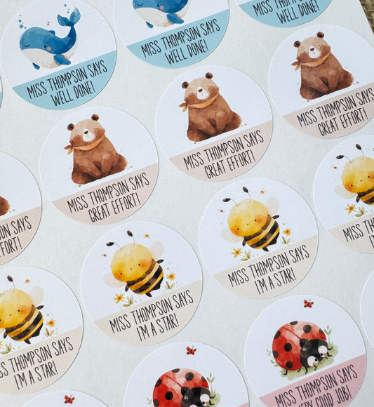 A collection of personalized teacher stickers featuring various characters such as a sun, whale, bear, bee, ladybird, and turtle, each with a motivational quote tailored to a teacher's name.