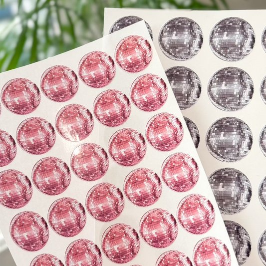 Pink and silver disco ball party stickers