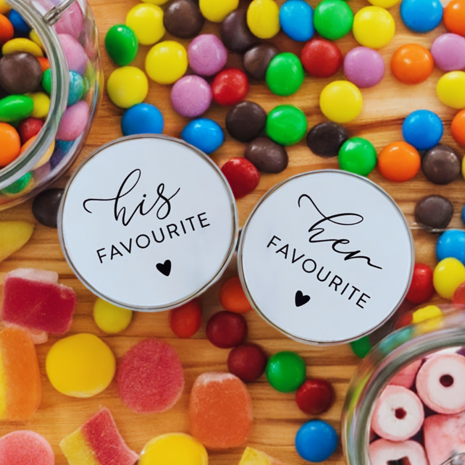 His Favourite and Her Favourite round wedding stickers placed on pick and mix sweets