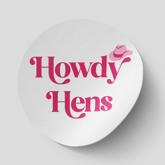 Round white stickers with pink  'Howdy Hens' text written in a fun, retro font, featuring a pink cowboy hat illustration. Available in glossy and matte finishes, the stickers come in two sizes: 32mm (35 stickers per sheet) and 37mm (24 stickers per sheet). Perfect for decorating invitations, envelope seals, and party favors for a cowboy-themed hen party.