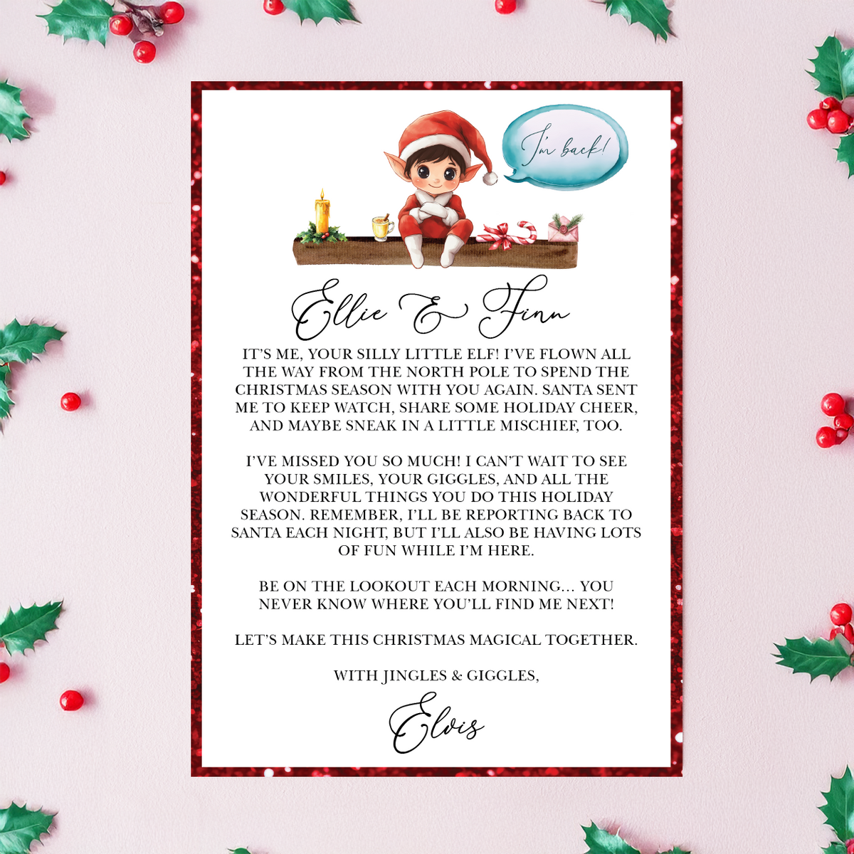 Christmas elf welcome back letter with festive decorations and stationery for kids on pink background
