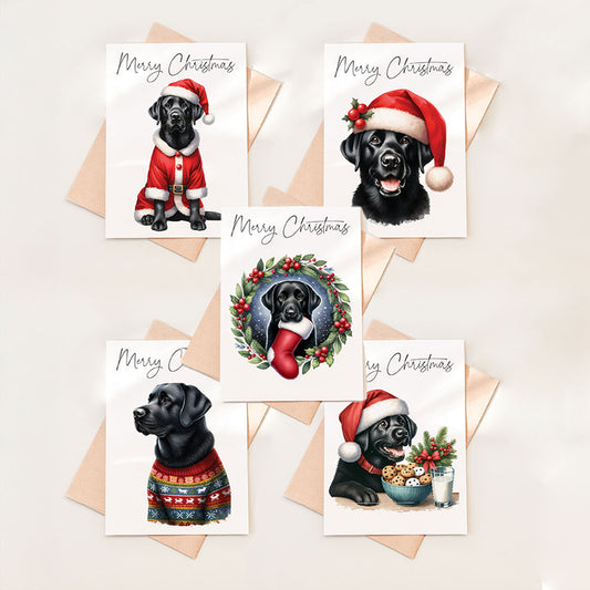 Pack of 5 Christmas Cards with Black Labrador Retrievers - Fun Facts & Kraft Envelopes Included