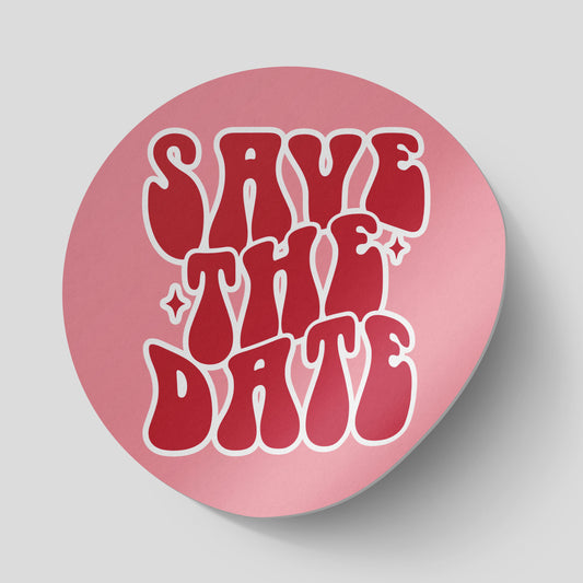 Round pink stickers with a retro design that read 'Save the Date' in stylish, retro font. Available in glossy and matte finishes, the stickers come in two sizes: 32mm (35 stickers per sheet) and 37mm (24 stickers per sheet). Perfect for wedding invitations.