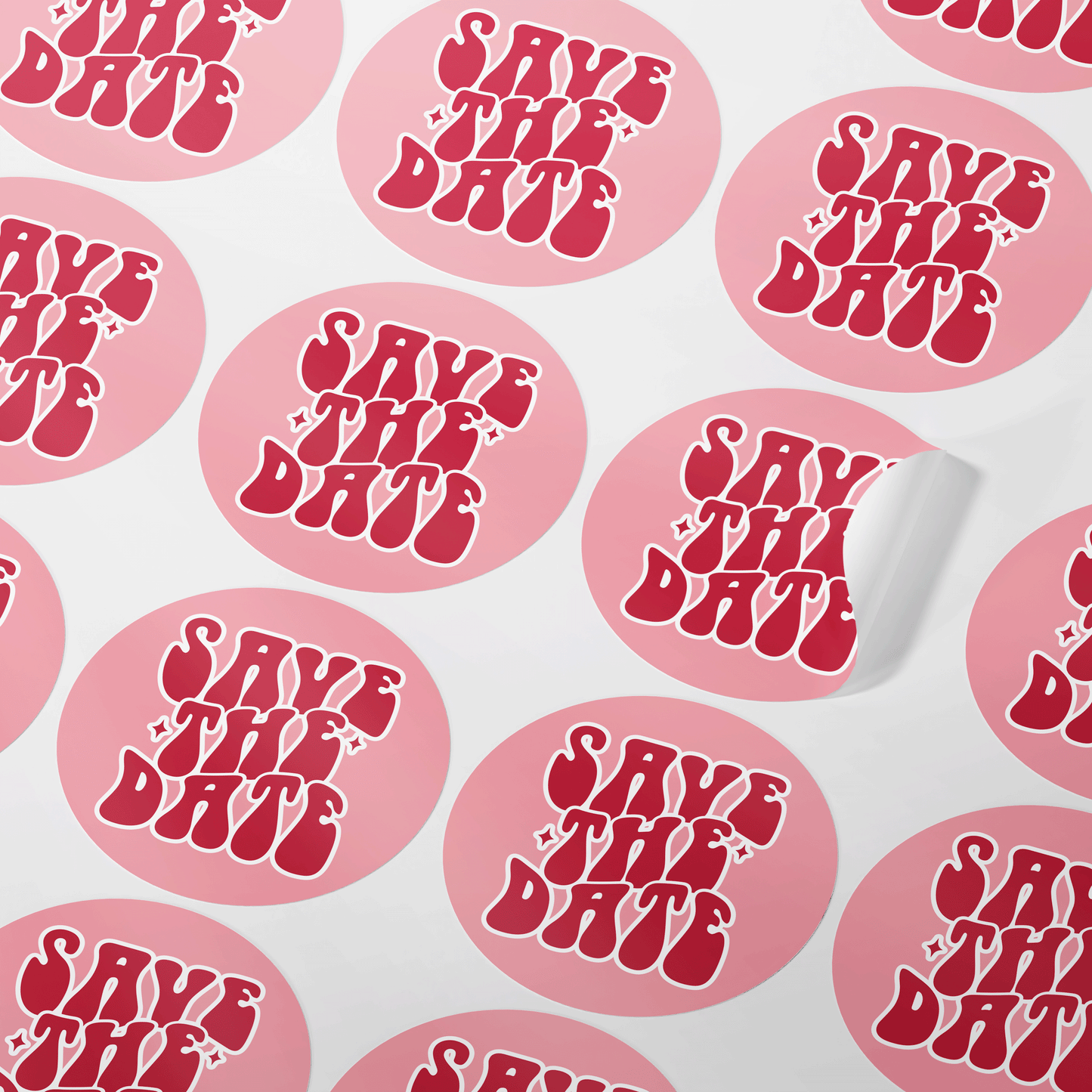 Round pink stickers with a retro design that read 'Save the Date' in stylish, vintage font. Available in glossy and matte finishes, the stickers come in two sizes: 32mm (35 stickers per sheet) and 37mm (24 stickers per sheet). Perfect for wedding invitations.