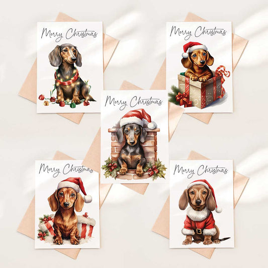 Set of Christmas cards featuring dachshunds in festive attire on a light background.