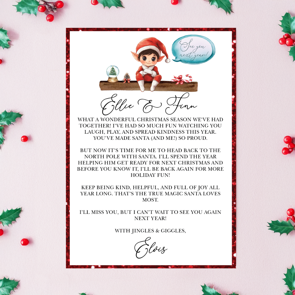 Christmas elf ‘See You Next Year’ letter with festive decorations and stationery for kids on pink background
