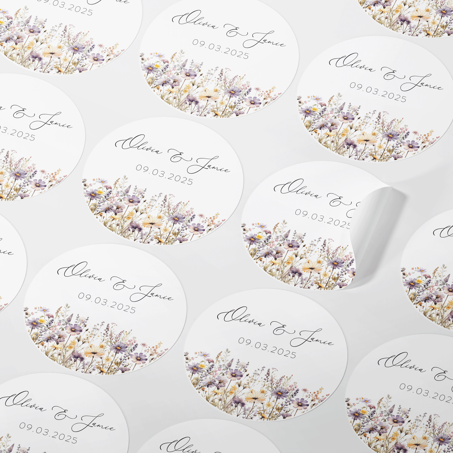 Personalised Purple & Yellow floral wedding stickers