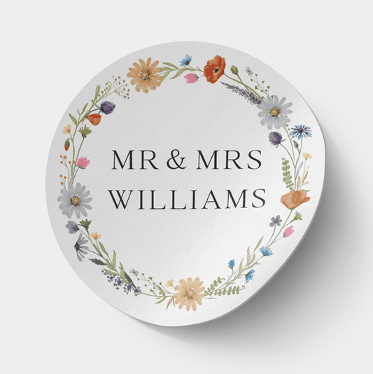 Personalised Mr & Mrs Wedding Wildflower Floral Wreath Stickers